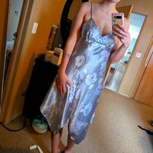 Vintage La Belle Mermaid Y2K Floral Pewter Satin Slip Dress Spaghetti Strap S